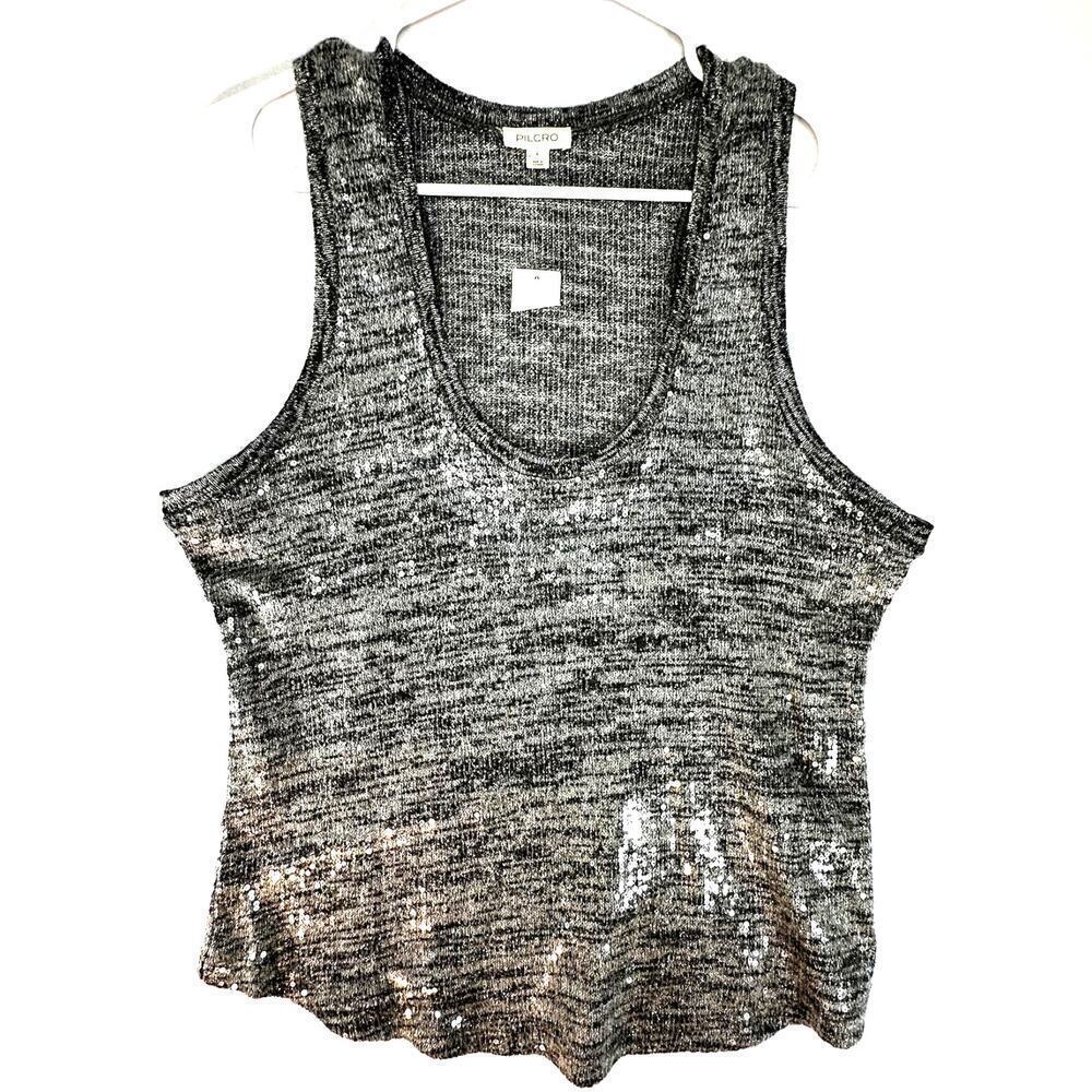 Pilcro Anthropologie Sequin Metallic Sweater Tank Top Gray Silver Large NWT